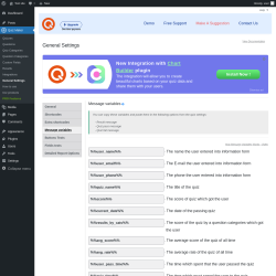 Page screenshot: Quiz Maker → General Settings → 
                            Message variables                        