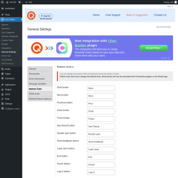 Page screenshot: Quiz Maker → General Settings → 
                            Buttons Texts                        