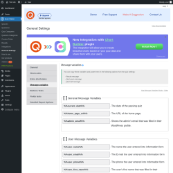 Page screenshot: Quiz Maker → General Settings → 
                            Message variables                        