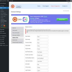 Page screenshot: Quiz Maker → General Settings → 
                            Buttons Texts                        