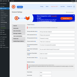 Page screenshot: Quiz Maker → General Settings → 
                            Text Customizations                        