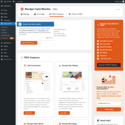 Page screenshot: Recipe Cards → UPGRADE → PRO
