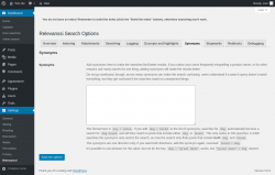 Page screenshot: Settings &rarr; Relevanssi &rarr; 
			Synonyms