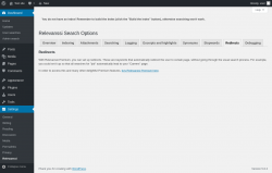 Page screenshot: Settings &rarr; Relevanssi &rarr; 
			Redirects