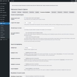 Page screenshot: Settings → Relevanssi → 
			Excerpts and highlights