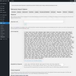 Page screenshot: Settings &rarr; Relevanssi &rarr; 
			Stopwords