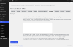 Page screenshot: Settings &rarr; Relevanssi &rarr; 
			Synonyms