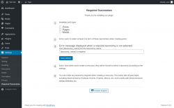Page screenshot: Settings → Required Taxonomies