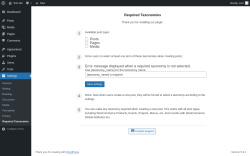 Page screenshot: Settings → Required Taxonomies