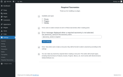 Page screenshot: Required Taxonomies ‹ Test site — WordPress