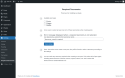 Page screenshot: Settings → Required Taxonomies