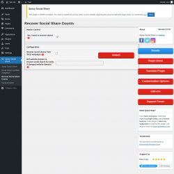 Page screenshot: Sassy Social Share → Recover Social Share Counts