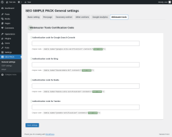 Page screenshot: SEO PACK &rarr; Webmaster tools