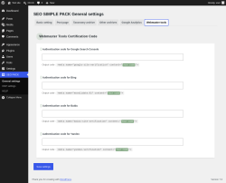 Page screenshot: SEO PACK &rarr; Webmaster tools