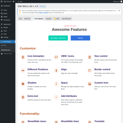 Page screenshot: Wow Plugins &rarr; Side Menu Lite &rarr;  Pro Features