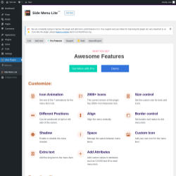Page screenshot: Wow Plugins &rarr; Side Menu Lite &rarr;  Pro Features