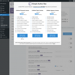 Page screenshot: Appearance → Simple Author Box → Get PRO 