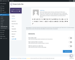 Page screenshot: Appearance → Simple Author Box → Elements