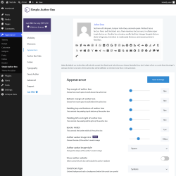Page screenshot: Appearance &rarr; Simple Author Box &rarr; Appearance