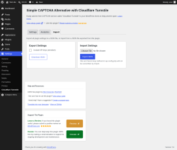 Page screenshot: Settings &rarr; Cloudflare Turnstile &rarr; Import