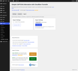 Page screenshot: Settings &rarr; Cloudflare Turnstile &rarr; Import