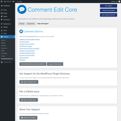 Page screenshot: Settings → Comment Edit Core → Help and Support