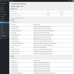 Page screenshot: Settings → Simple History → Debug