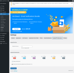 Page screenshot: Job Board → Settings → Upload File Extensions