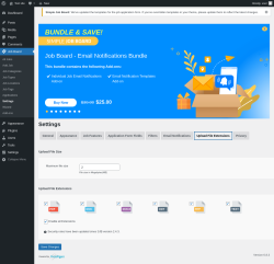 Page screenshot: Job Board → Settings → Upload File Extensions