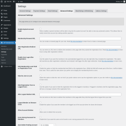 Page screenshot: WP Membership → Settings → Advanced Settings