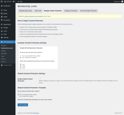 Page screenshot: WP Membership → Membership Levels → Manage Content Protection