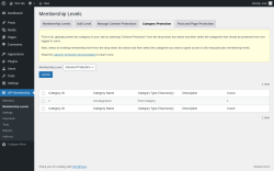 Page screenshot: WP Membership → Membership Levels → Category Protection
