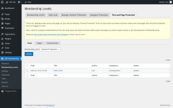 Page screenshot: WP Membership → Membership Levels → Post and Page Protection