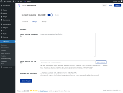 Page screenshot: SiteSEO → Instant Indexing → Settings
