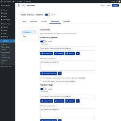 Page screenshot: SiteSEO → Titles & Metas → Taxonomies