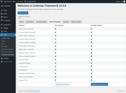 Page screenshot: Tools → Codestar Framework → Free vs Premium