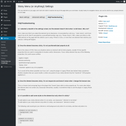 Page screenshot: Settings &rarr; Sticky Menu (or Anything!) &rarr; FAQ/Troubleshooting