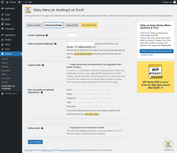Page screenshot: Settings → Sticky Menu (or Anything!) → Advanced settings