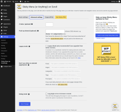 Page screenshot: Settings &rarr; Sticky Menu (or Anything!) &rarr; Advanced settings