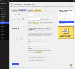 Page screenshot: Settings &rarr; Sticky Menu (or Anything!) &rarr; Advanced settings