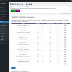 Page screenshot: Stop Spammers &rarr; Cleanup &rarr; Database Cleanup