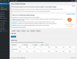 Page screenshot: Dashboard &rarr; Updates Options &rarr; Logs