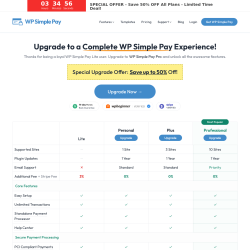 Page screenshot: WP Simple Pay → About Us → 
				Lite vs. Pro			