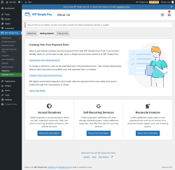 Page screenshot: WP Simple Pay → About Us → 
			Getting Started		