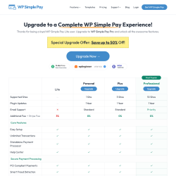 Page screenshot: WP Simple Pay → About Us → 
				Lite vs. Pro			