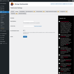 Page screenshot: Testimonials  &rarr; Settings &rarr; License
