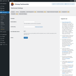 Page screenshot: Testimonials  &rarr; Settings &rarr; License