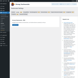 Page screenshot: Testimonials  → Settings → License PRO