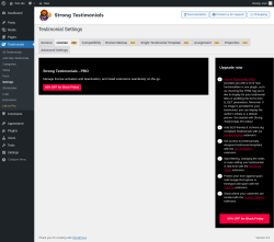 Page screenshot: Testimonials  &rarr; Settings &rarr; License PRO