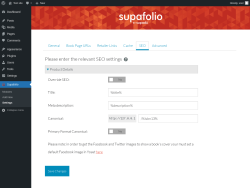 Page screenshot: Supafolio &rarr; Settings &rarr; SEO